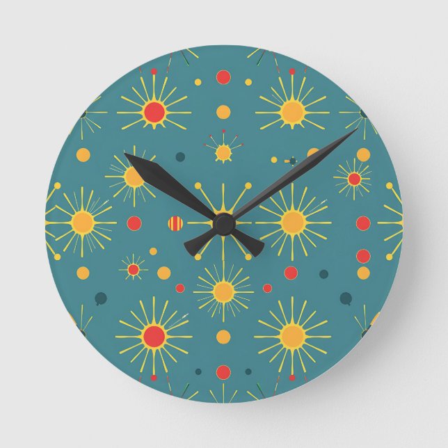 Vintage Atomic Burst Teal Pattern Round Clock (Front)