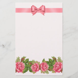 Vintage Attic Roses & Pink Ribbon & Bow Stationery