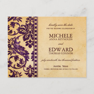 Vintage Aubergine Damask Lace Save the Date