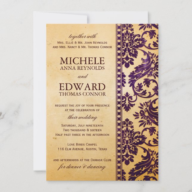 Vintage Aubergine Damask Lace Wedding Invitation (Front)