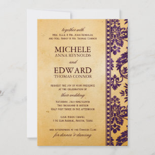 Vintage Aubergine Damask Lace Wedding Invitation