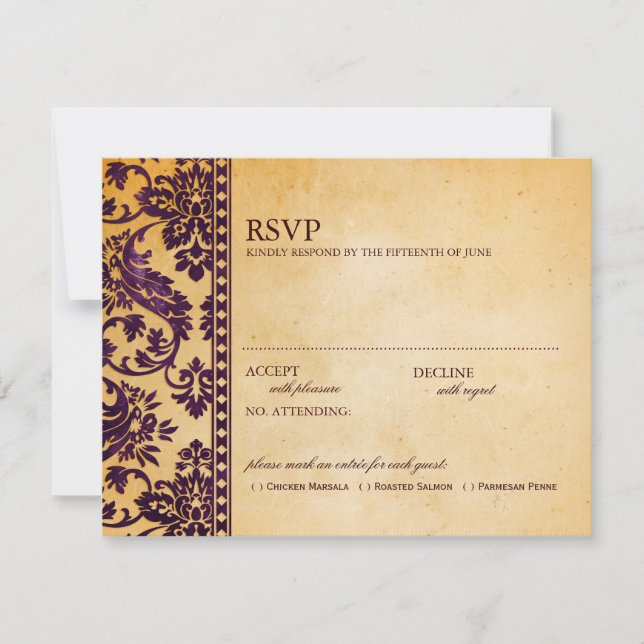 Vintage Aubergine Damask Lace Wedding RSVP (Front)