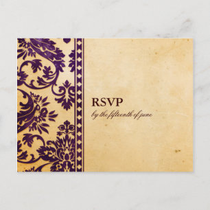 Vintage Aubergine Damask Lace Wedding RSVP Invitation Postcard