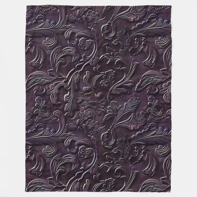 Vintage aubergine tooled leather fleece blanket (Front)