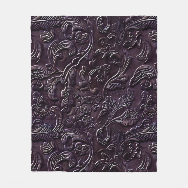 Vintage aubergine tooled leather fleece blanket (Front)