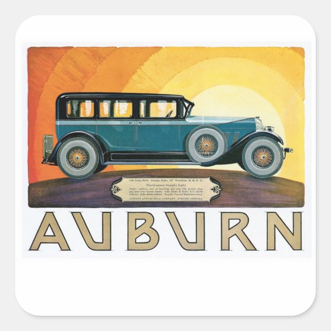 Vintage Auburn Motors Sunburst Ad Square Sticker (Front)
