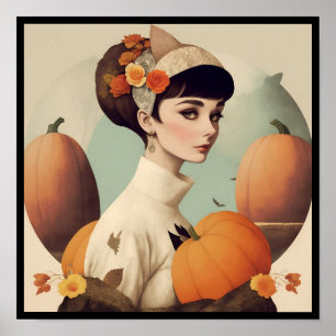 vintage audrey collage pumpkin flowers deco 3/4 poster