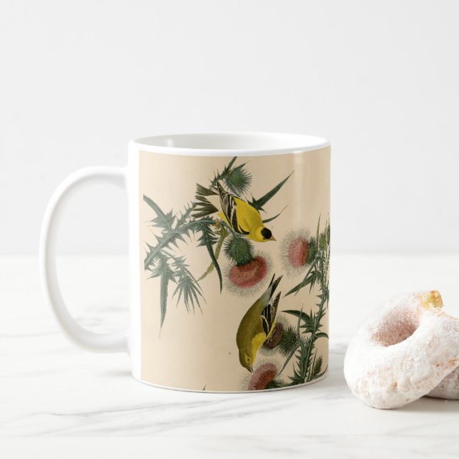 Vintage Audubon American Goldfinch Bird Painting  Coffee Mug (With Donut)
