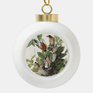 Vintage Audubon American Robin Bird Nest Art Ceramic Ball Christmas Ornament