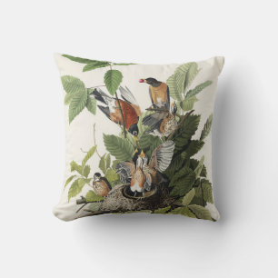 Vintage Audubon American Robin Bird Nest Art Cushion