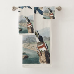 Vintage Audubon Belted Kingfisher Bird Art Bath Towel Set