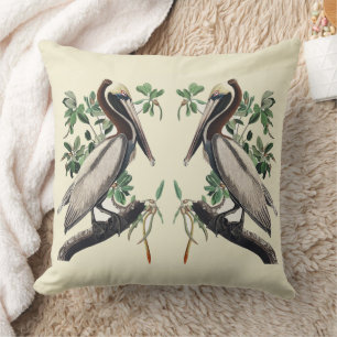 Vintage Audubon Brown Pelican Coastal Bird Art Cushion