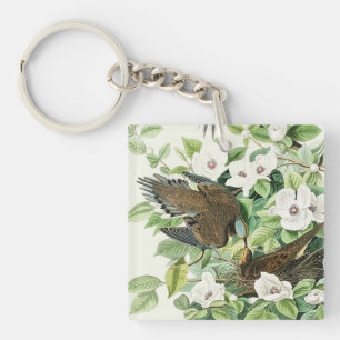 Vintage Audubon Mourning Dove Bird Flower Art Key Ring