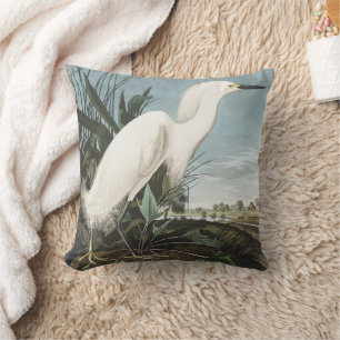 Vintage Audubon Snowy Heron White Egret Bird Art Cushion