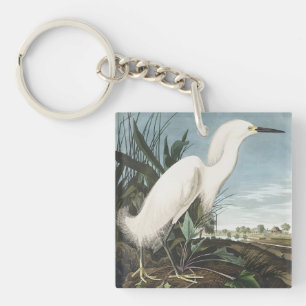 Vintage Audubon Snowy Heron White Egret Bird Art Key Ring