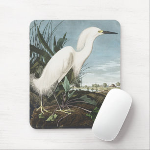 Vintage Audubon Snowy Heron White Egret Bird Art Mouse Mat