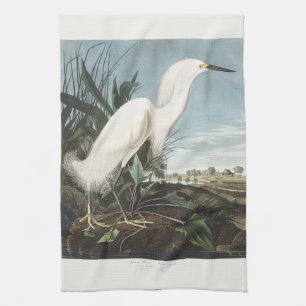 Vintage Audubon Snowy Heron White Egret Bird Art Tea Towel