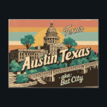 Vintage Austin, Texas - Bat City, USA Postcard<br><div class="desc">Discover the charm of vintage Austin with this retro-style postcard, affectionately known as "Bat City." Featuring a nostalgic depiction of Austin's iconic skyline and landmarks, this collectable postcard captures the essence of a bygone era with a stylish, retro flair. Perfect for enthusiasts of historic travel art and lovers of Austin’s...</div>