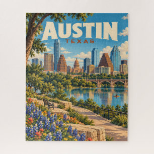 Vintage Austin Texas Skyline Travel Poster Jigsaw Puzzle