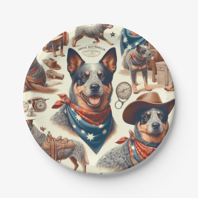 Vintage Australian Cattle Dog Illustration Paper Plate (Front)
