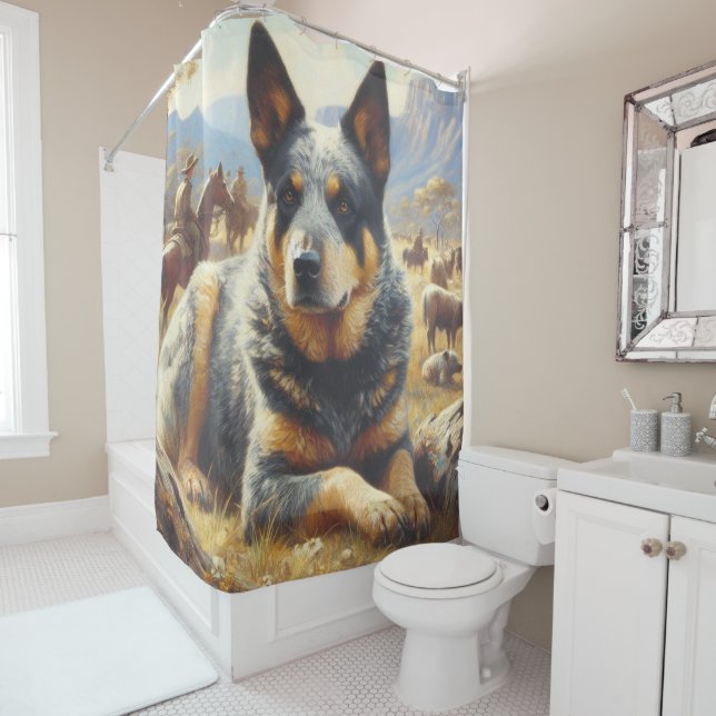 Vintage Australian Cattle Dog Painting Shower Curtain (In Situ)