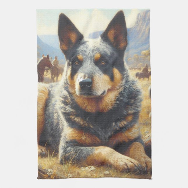Vintage Australian Cattle Dog Painting Tea Towel (Vertical)