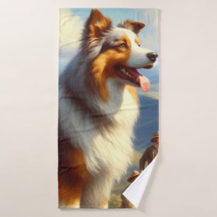 Vintage Australian Shepherd  Painting Bath Towel