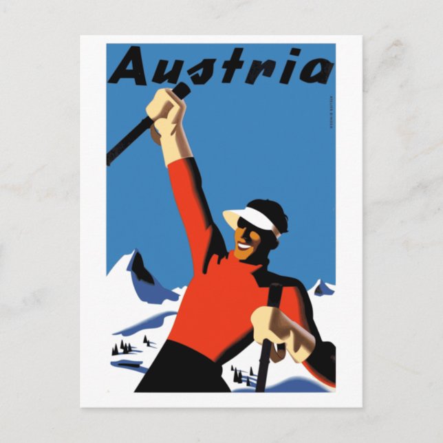 Vintage Austria Ski Travel Poster Postcard (Front)