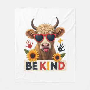 Vintage Autism Highland Cow Be Kind Rainbow Puzzle Fleece Blanket