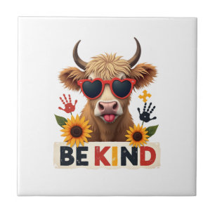 Vintage Autism Highland Cow Be Kind Rainbow Puzzle Tile