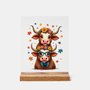 Vintage Autism Highland Cow Trio Peeking Cute Cow Acrylic Sign