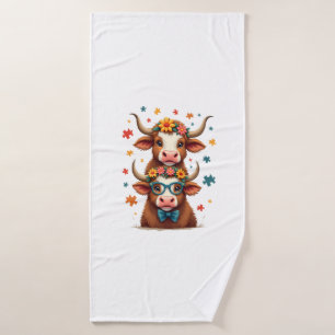 Vintage Autism Highland Cow Trio Peeking Cute Cow Bath Towel