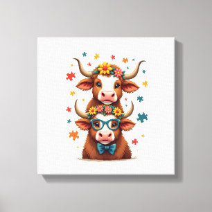 Vintage Autism Highland Cow Trio Peeking Cute Cow Canvas Print