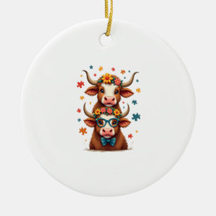 Vintage Autism Highland Cow Trio Peeking Cute Cow Ceramic Tree Decoration