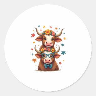 Vintage Autism Highland Cow Trio Peeking Cute Cow  Classic Round Sticker