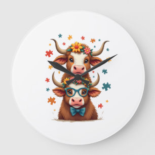 Vintage Autism Highland Cow Trio Peeking Cute Cow  Large Clock