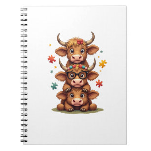 Vintage Autism Highland Cow Trio Peeking Cute Cow Notebook