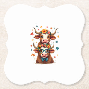 Vintage Autism Highland Cow Trio Peeking Cute Cow Paper Coaster