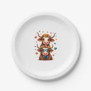 Vintage Autism Highland Cow Trio Peeking Cute Cow Paper Plate