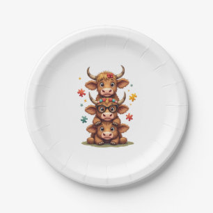 Vintage Autism Highland Cow Trio Peeking Cute Cow Paper Plate