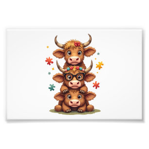 Vintage Autism Highland Cow Trio Peeking Cute Cow Photo Print
