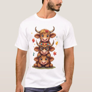 Vintage Autism Highland Cow Trio Peeking Cute Cow  T-Shirt