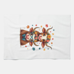 Vintage Autism Highland Cow Trio Peeking Cute Cow Tea Towel