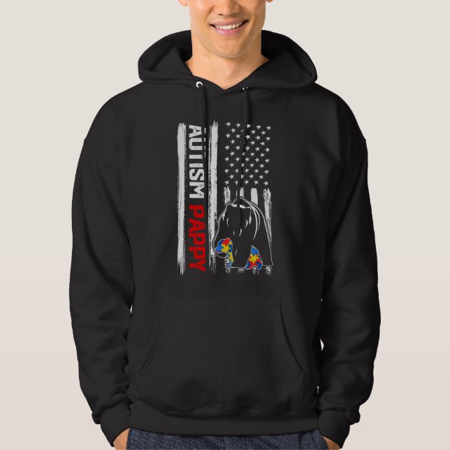 Vintage Autism Pappy Bear American Flag Awareness  Hoodie (Front)