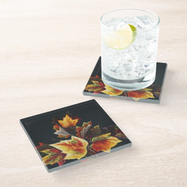 Vintage Autmn Leaf Motif Glass Coaster (Angled)
