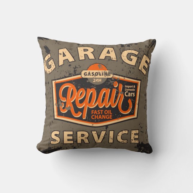 Vintage Auto Design Pillow Service Station (Front)