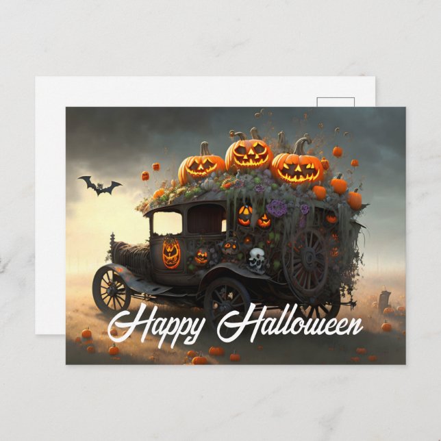 Vintage Automobile and Pumpkins Halloween  Postcard (Front/Back)