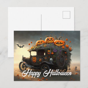 Vintage Automobile and Pumpkins Halloween Postcard