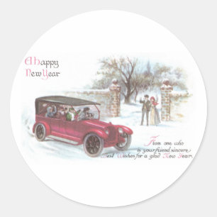Vintage Automobile New Year Greeting Classic Round Sticker