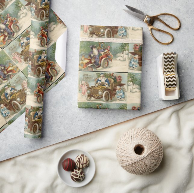 Vintage Automobile Santa Christmas Wrapping Paper (Crafts)